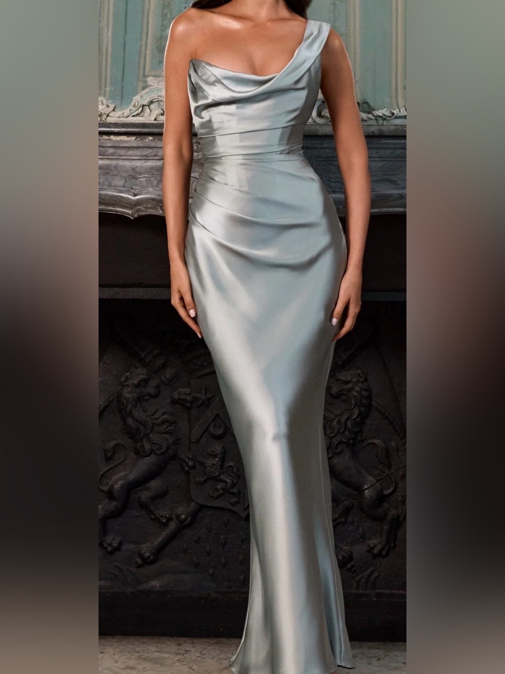 One-Shoulder Satin Evening Gown in Silver